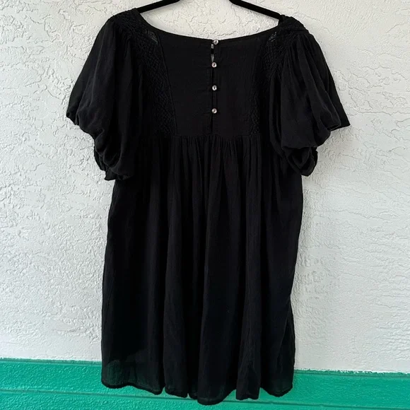 Free People Dress Tunic Small Boho Gauze Puff Sleeve Black Lace Trim - Picture 2 of 9